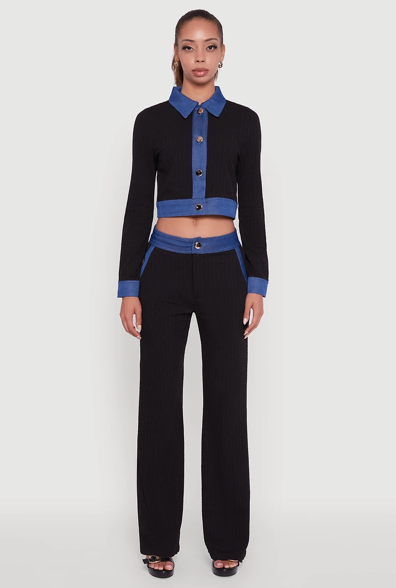 Womens Denim Trim Long Sleeve Button Front Cropped Shirt, Black,