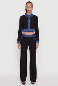 Womens Denim Trim Long Sleeve Button Front Cropped Shirt, Black,