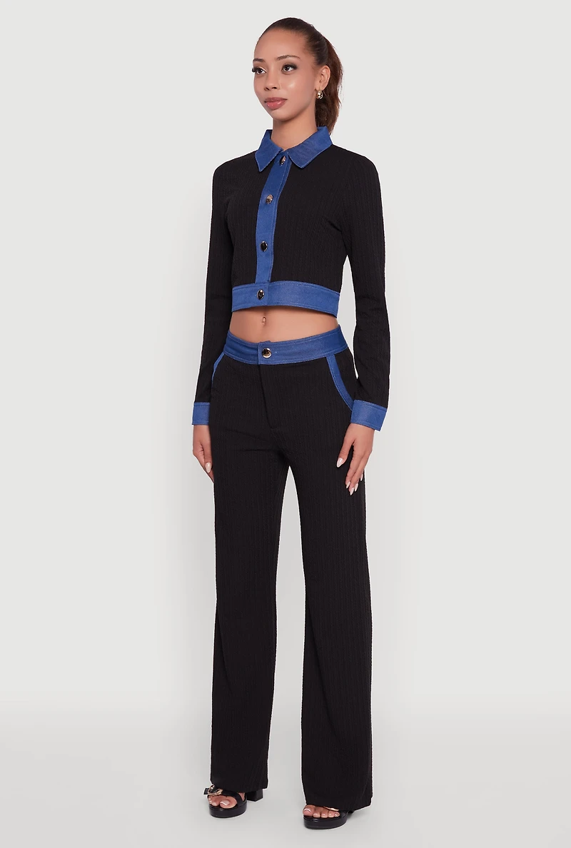 Womens Denim Trim Long Sleeve Button Front Cropped Shirt, Black,