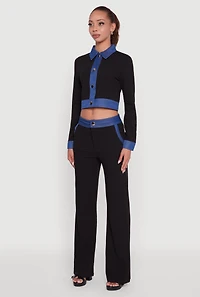 Womens Denim Trim Long Sleeve Button Front Cropped Shirt, Black,