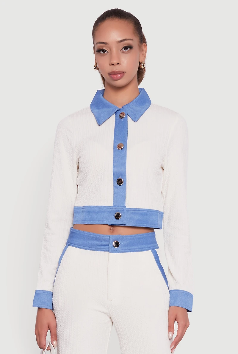 Womens Denim Trim Long Sleeve Button Front Cropped Shirt, White,