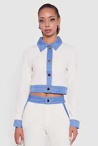 Womens Denim Trim Long Sleeve Button Front Cropped Shirt, White,