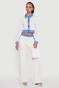 Womens Denim Trim Long Sleeve Button Front Cropped Shirt, White, Size XL