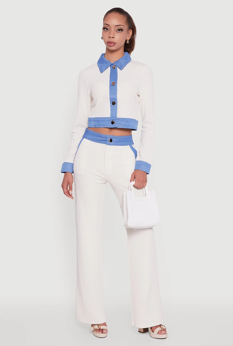 Womens Denim Trim Long Sleeve Button Front Cropped Shirt, White, Size S