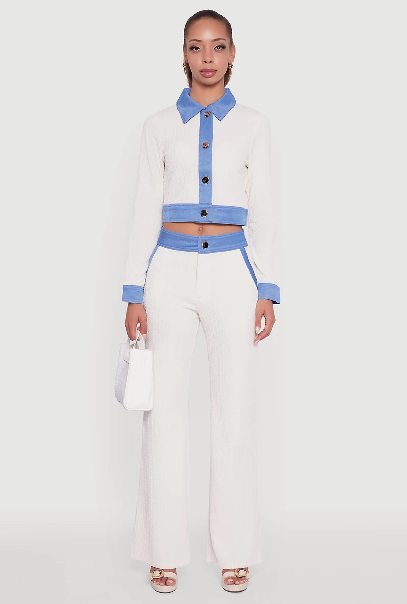 Womens Denim Trim Long Sleeve Button Front Cropped Shirt, White,