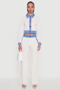 Womens Denim Trim Long Sleeve Button Front Cropped Shirt, White,