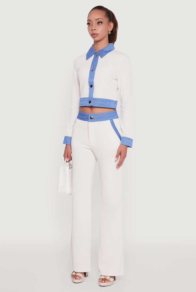 Womens Denim Trim Long Sleeve Button Front Cropped Shirt, White,