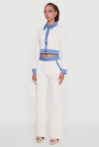 Womens Denim Trim Long Sleeve Button Front Cropped Shirt, White,