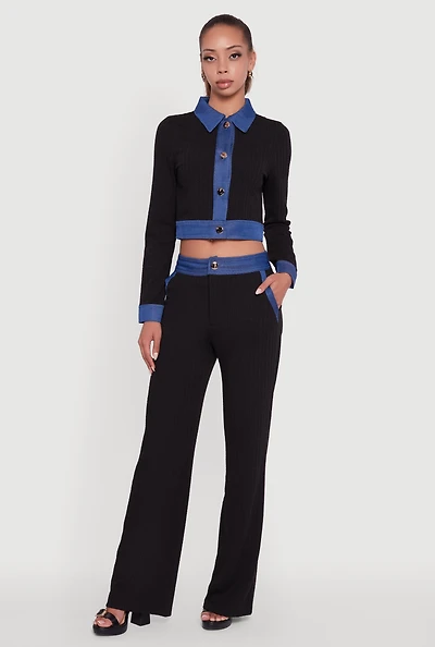 Womens Mid Rise Straight Leg Denim Trim Pants with Pockets,