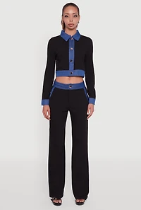 Womens Mid Rise Straight Leg Denim Trim Pants with Pockets,