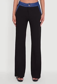 Womens Mid Rise Straight Leg Denim Trim Pants with Pockets,