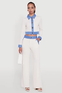 Mid Rise Straight Leg Denim Trim Pants with Pockets