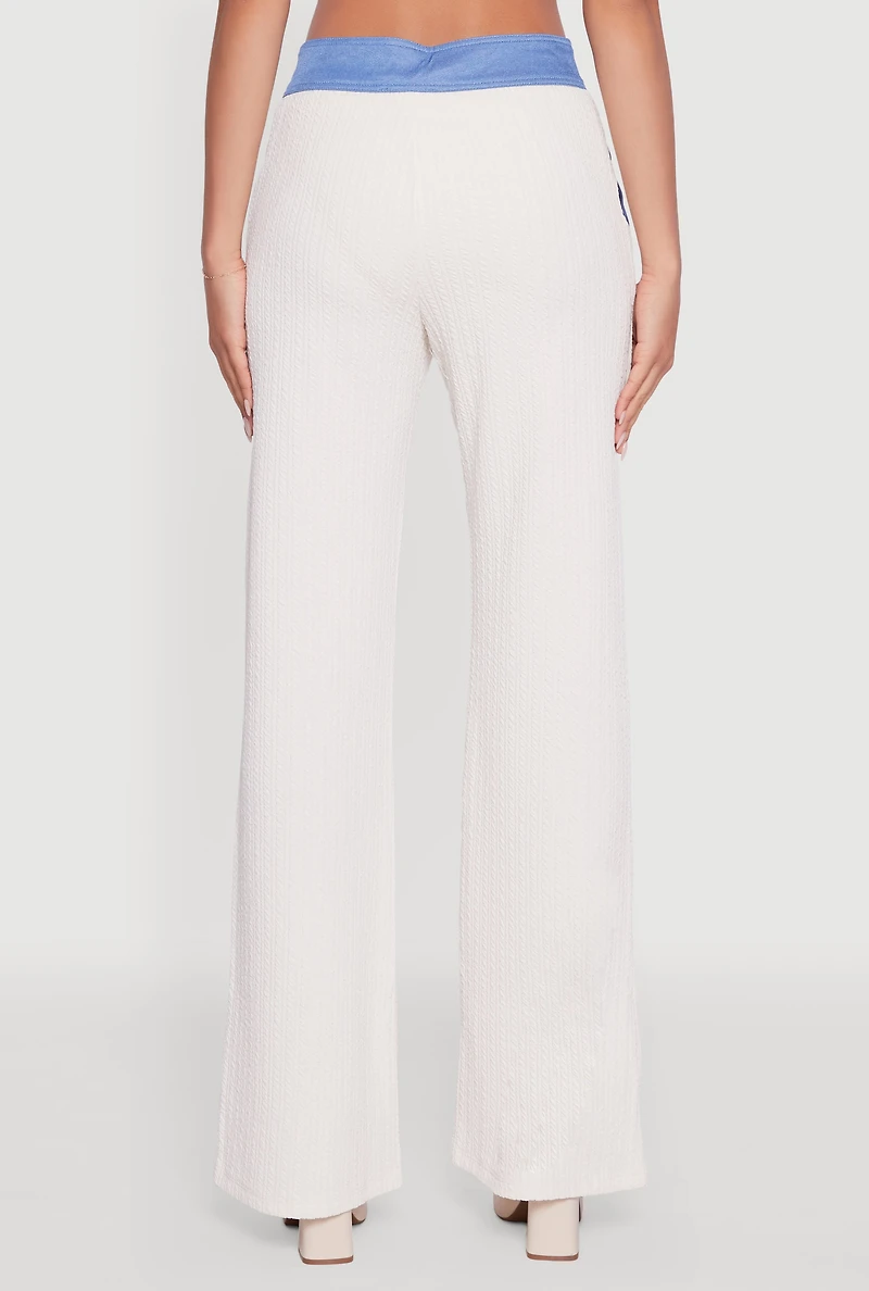 Womens Mid Rise Straight Leg Denim Trim Pants with Pockets, White,