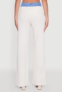 Womens Mid Rise Straight Leg Denim Trim Pants with Pockets, White,