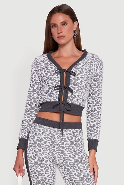 Womens Leopard Print Tie Front Cropped Cardigan, Grey, Size L
