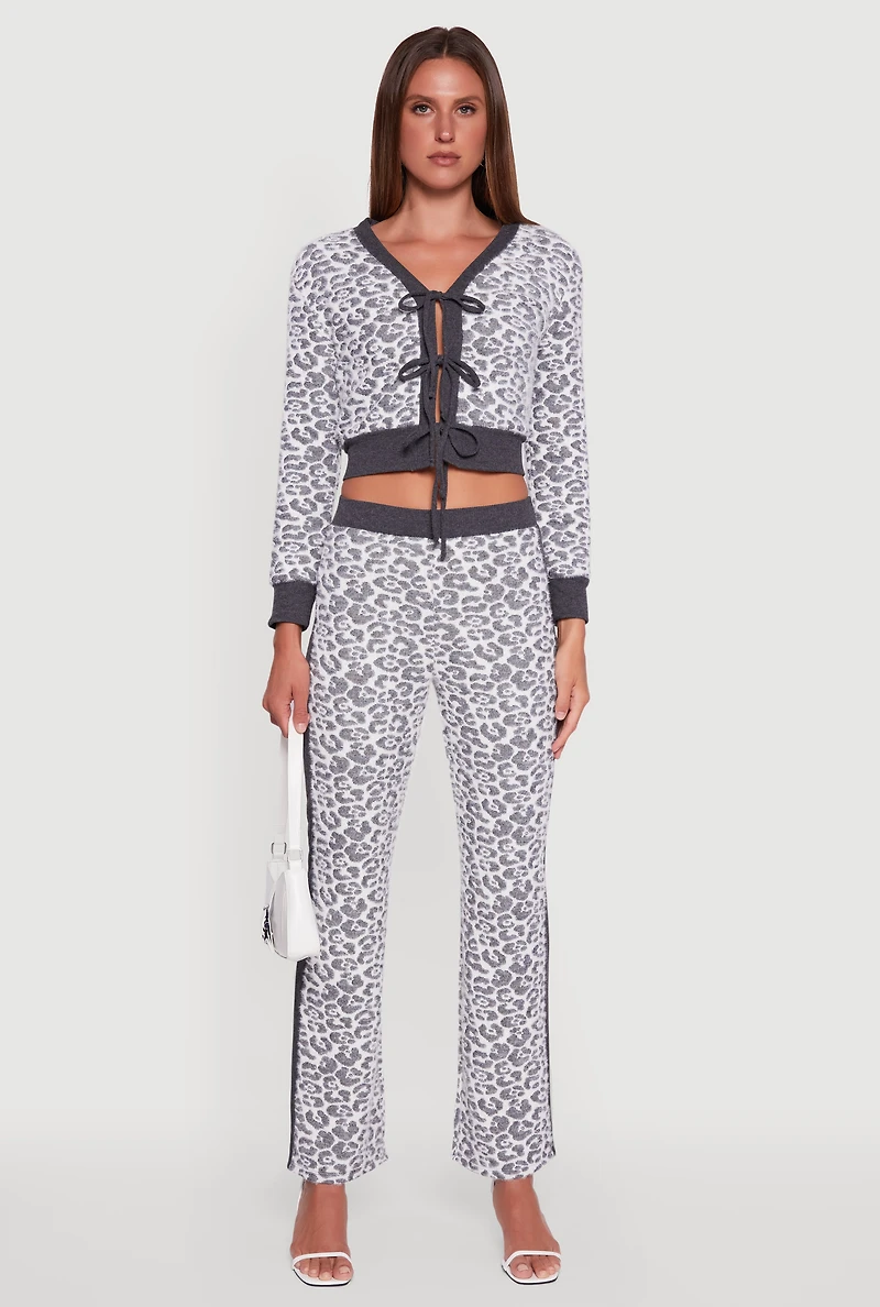 Womens Jaguar Print Tie Front Cropped Cardigan, Grey, Size S