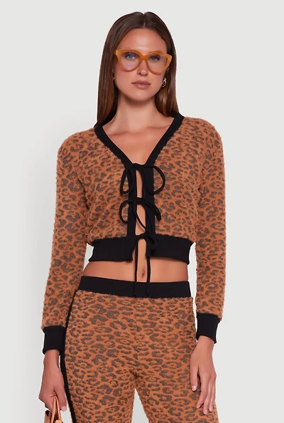 Womens Leopard Print Tie Front Cropped Cardigan, Brown, Size M