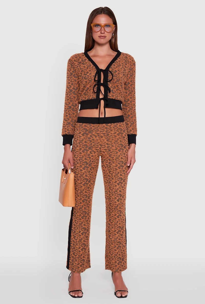 Womens Leopard Print Tie Front Cropped Cardigan, Brown, Size M
