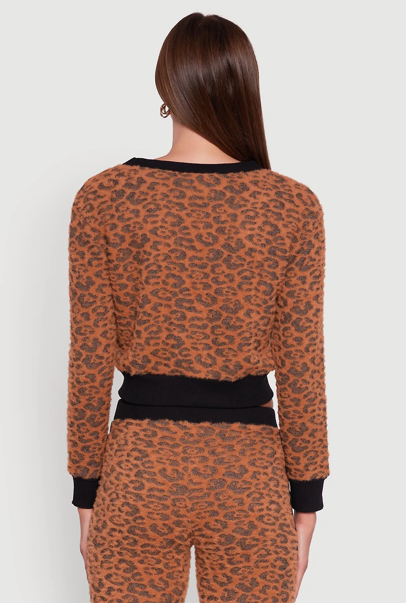Womens Leopard Print Tie Front Cropped Cardigan, Brown, Size M