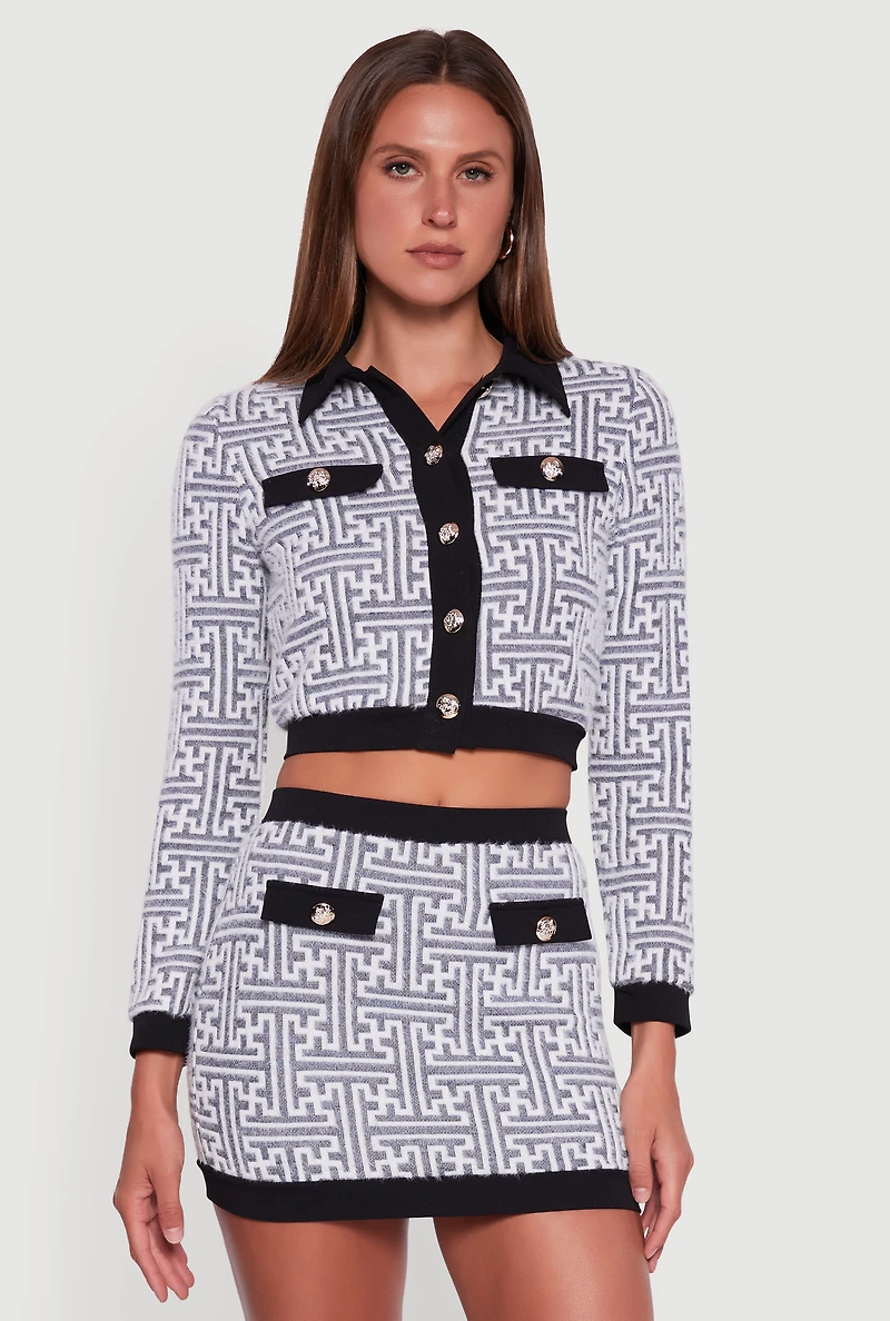 Womens Geometric Print Button Front Cropped Cardigan, Grey, Size M