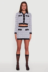 Womens Geometric Print Button Front Cropped Cardigan, Grey, Size M
