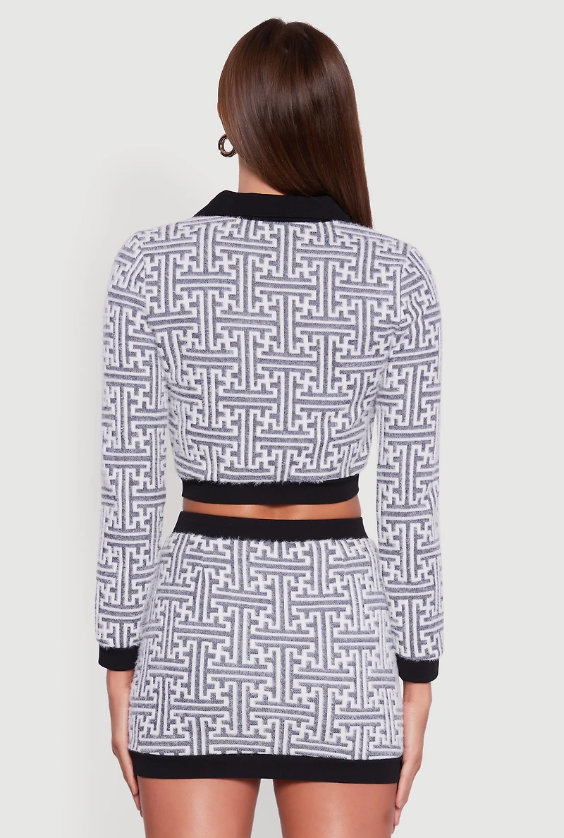 Geometric Print Button Front Cropped Cardigan