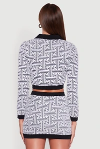 Geometric Print Button Front Cropped Cardigan