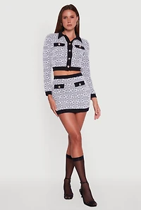 Womens Geometric Print High Waisted Mini Skirt with Contrast Trim, Grey, Size M