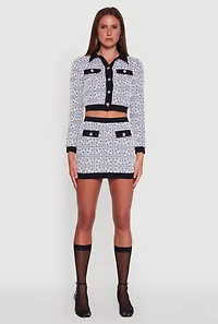 Womens Geometric Print High Waisted Mini Skirt with Contrast Trim, Grey, Size M