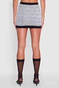 Womens Geometric Print High Waisted Mini Skirt with Contrast Trim, Grey, Size M