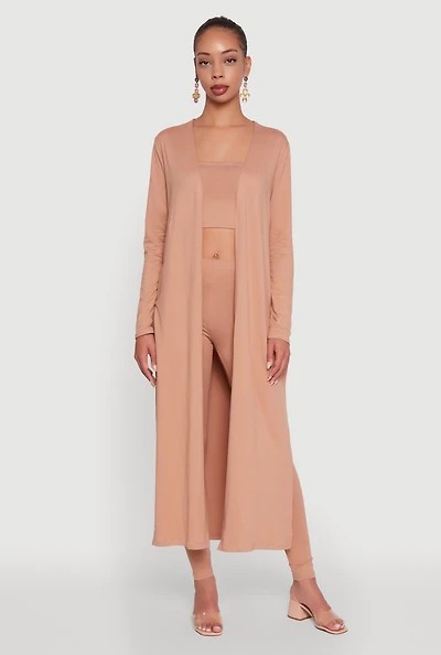 Womens Long Sleeve Side Slit Maxi Duster, Beige, Size L