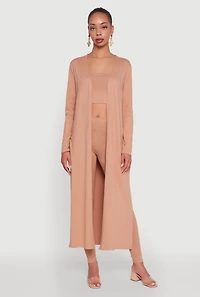 Womens Long Sleeve Side Slit Maxi Duster, Beige, Size L