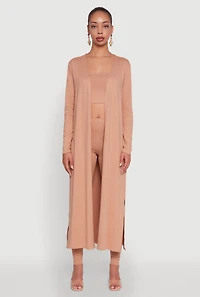 Womens Long Sleeve Side Slit Maxi Duster, Beige, Size L