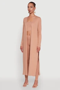 Womens Long Sleeve Side Slit Maxi Duster, Beige, Size L