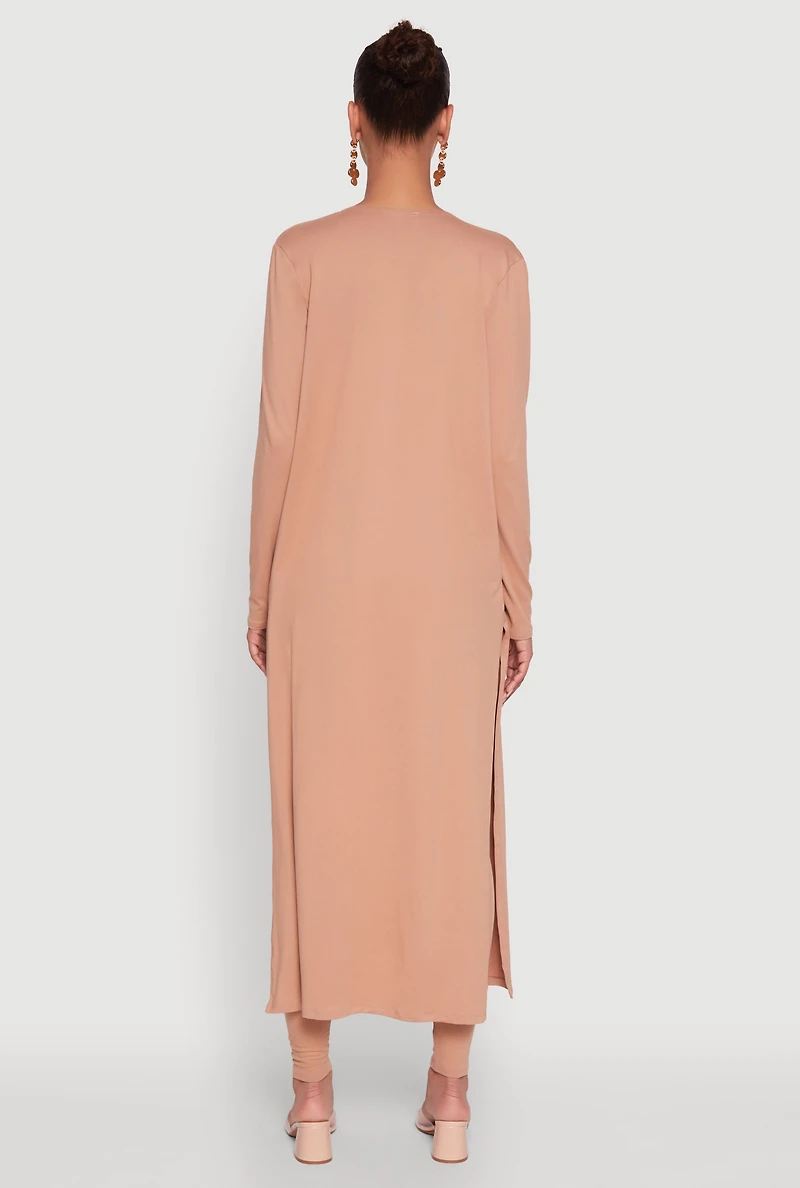 Womens Long Sleeve Side Slit Maxi Duster, Beige, Size L