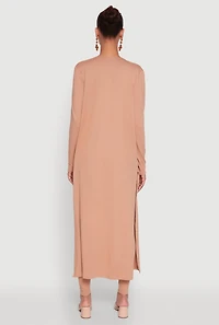 Womens Long Sleeve Side Slit Maxi Duster, Beige, Size L