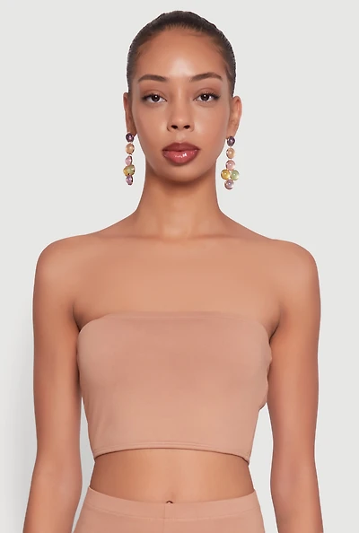 Womens Trendy Solid Cropped Bandeau Top, Beige, Size M