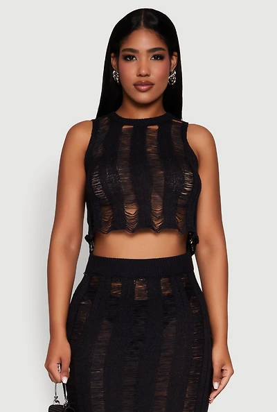 Womens Trendy Sleeveless Distressed Crop Top, M