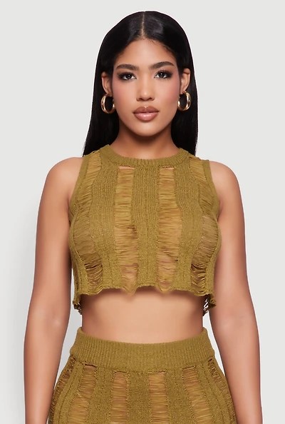 Womens Trendy Sleeveless Distressed Crop Top, Green, Size L