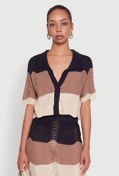 Chic Crocheted Striped Button Front Cardigan