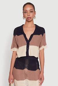 Chic Crocheted Striped Button Front Cardigan