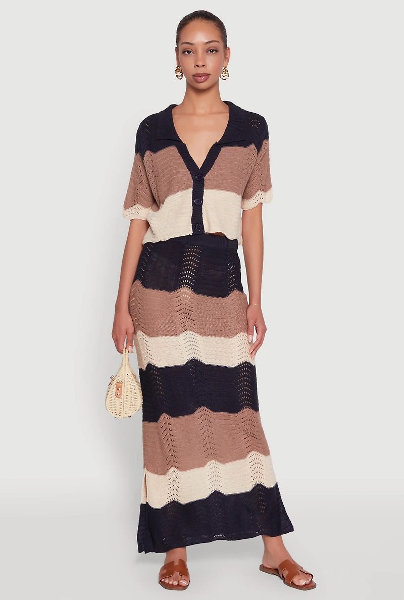 Chic Crochet High Waisted Striped Maxi Skirt