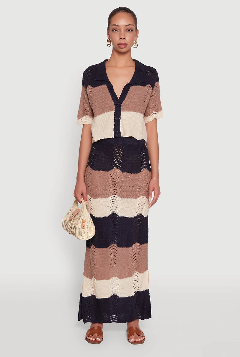 Womens Chic Crochet High Waisted Striped Maxi Skirt, Multi,
