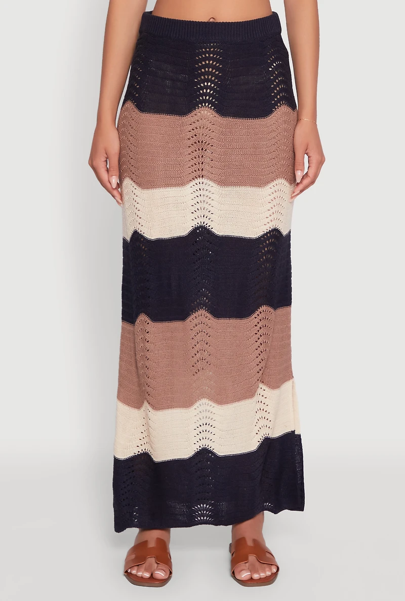 Womens Chic Crochet High Waisted Striped Maxi Skirt, Multi,