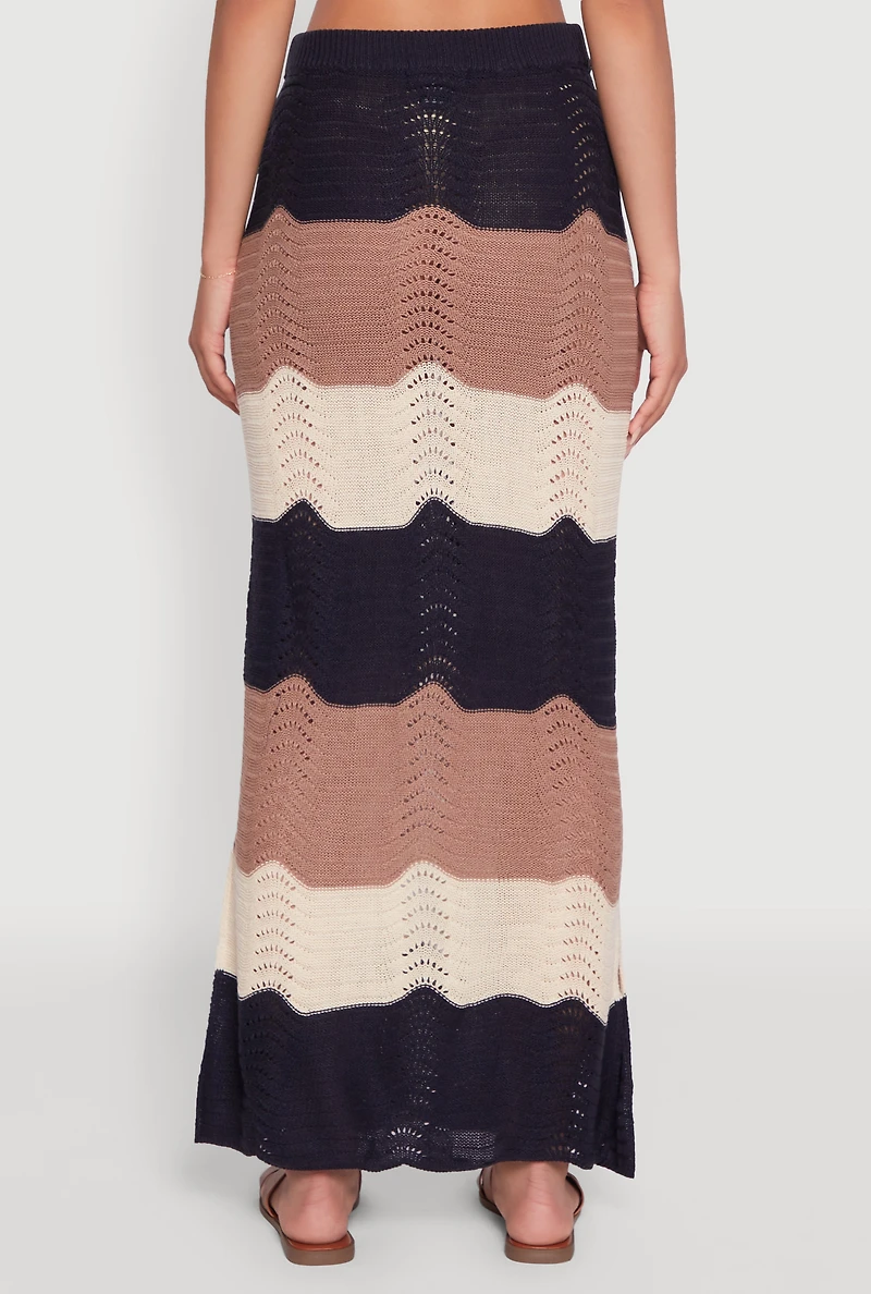Womens Chic Crochet High Waisted Striped Maxi Skirt, Multi, Size L