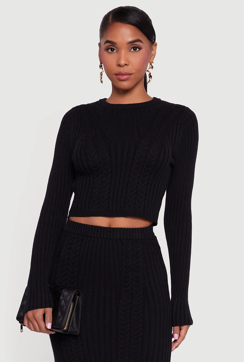 Womens Ribbed Knit Trim Cropped Cable Sweater,