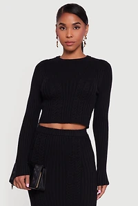 Womens Ribbed Knit Trim Cropped Cable Sweater,