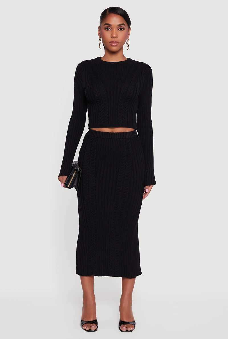 Womens Ribbed Knit Trim Cropped Cable Sweater,