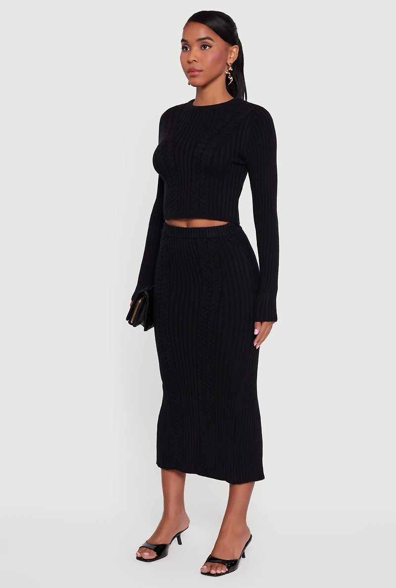 Womens Ribbed Knit Trim Cropped Cable Sweater,