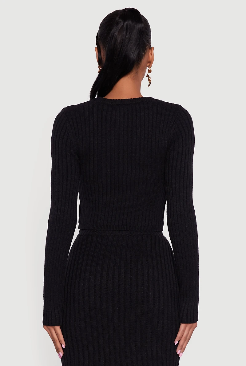 Womens Ribbed Knit Trim Cropped Cable Sweater,